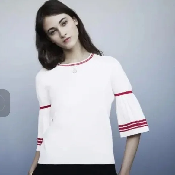 Maje Monica red and white pleated bell sleeve sweater - Picture 2 of 12